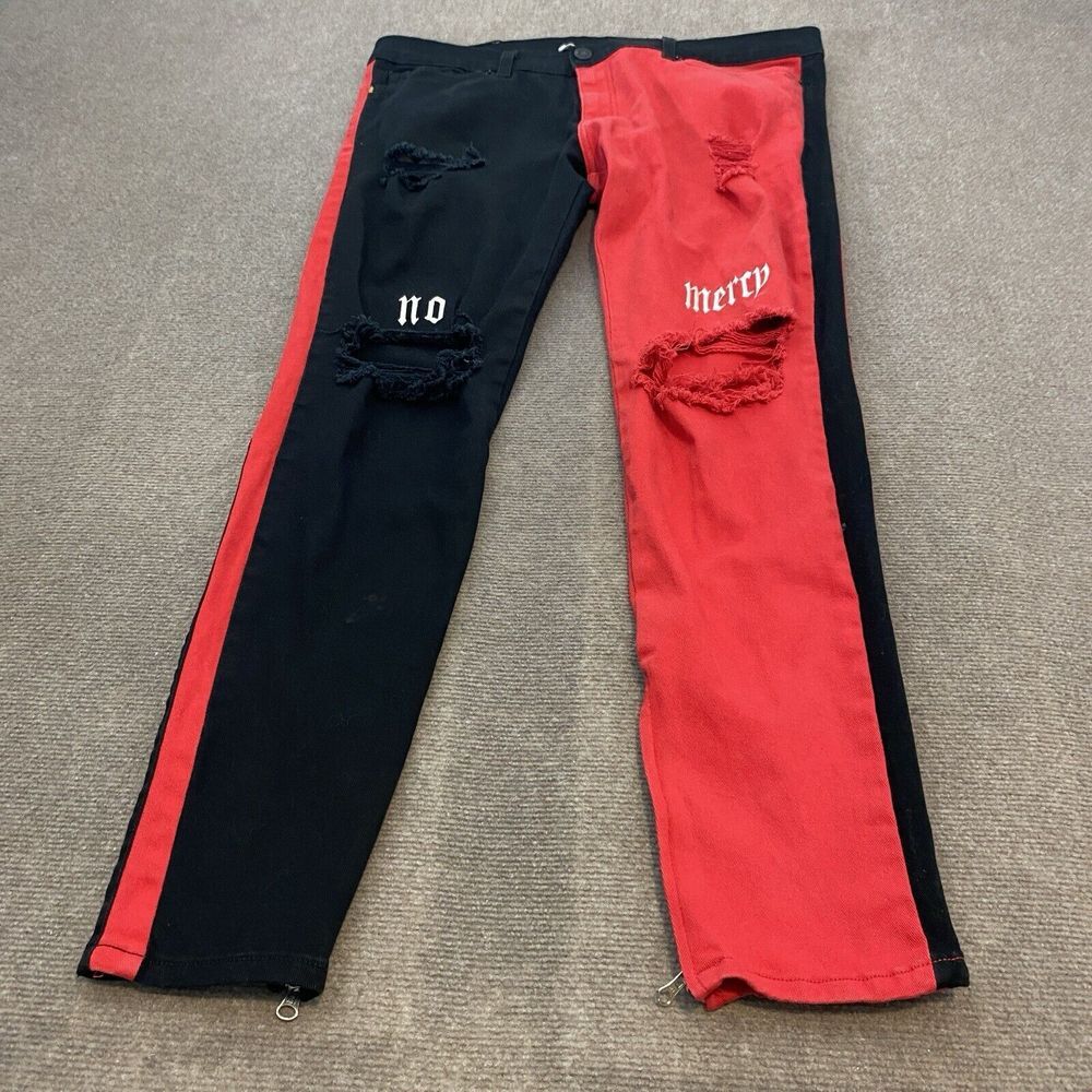 Golden Jeans Mens 38x31‎ No Mercy Distressed Red Black Ankle Zip Denim